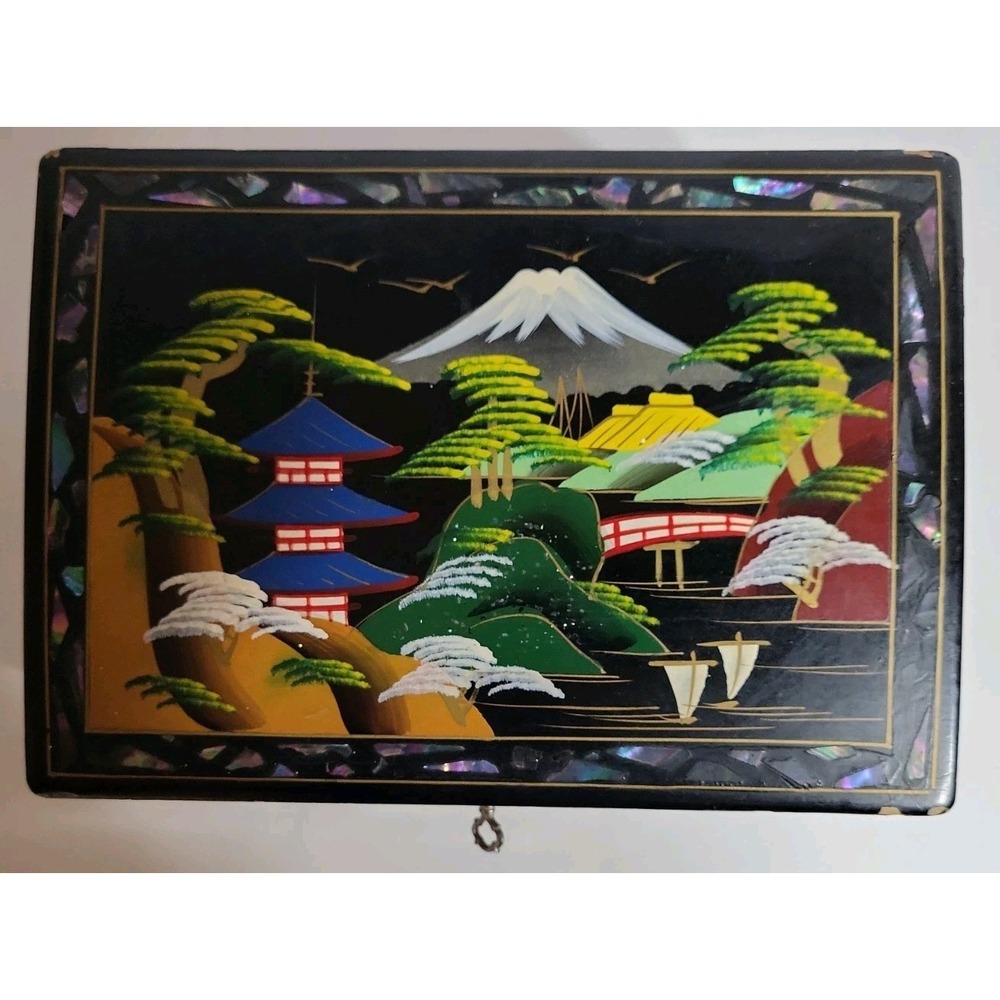 Vintage Crestline Japan Music Jewelry Box Black Lacquered Painted Mirror Locking - Picture 10 of 16
